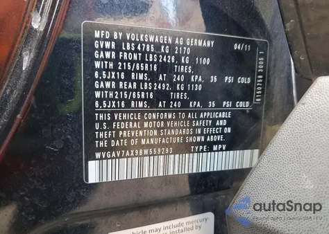 2011 Volkswagen Tiguan S z USA, uszkodzony, nr VIN WVGAV7AX9BW559293